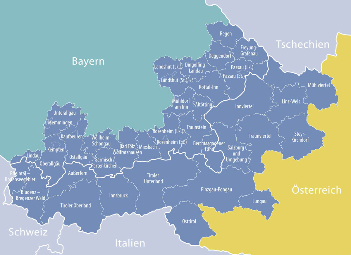 Karte des Interreg Programmraums: Oberösterreich, Salzburg, Tirol, Vorarlberg, Niederbayern, Oberbayern, Schwaben